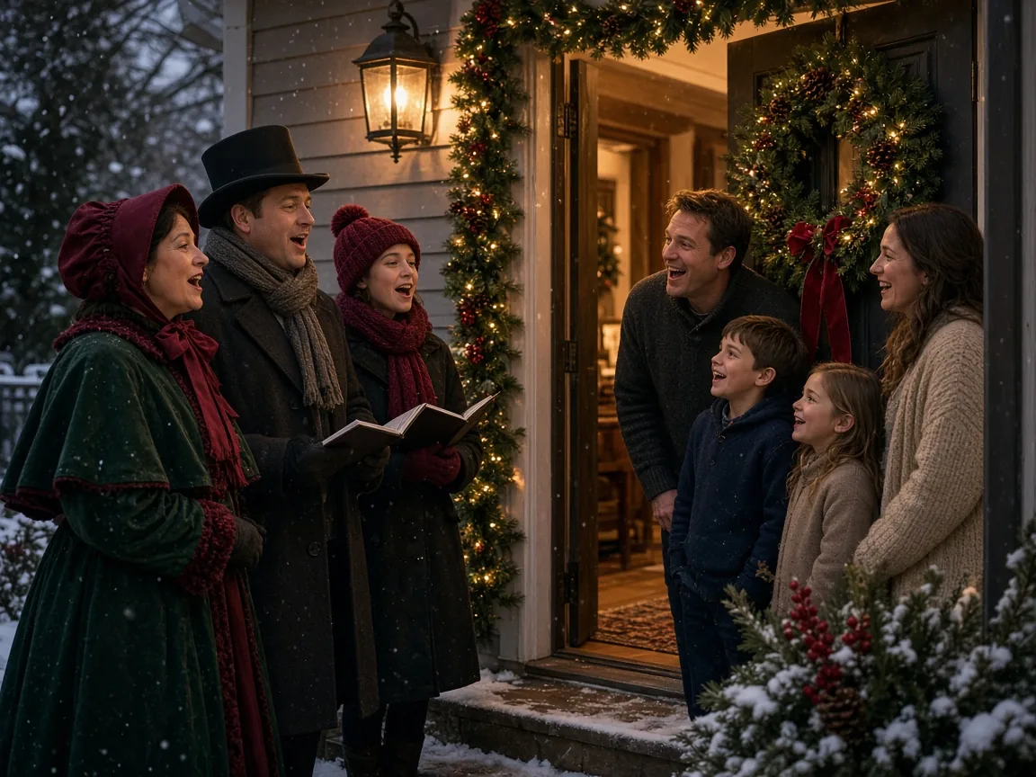 Two carolers in winter coats and scarves singing at a front door trimmed with a wreath