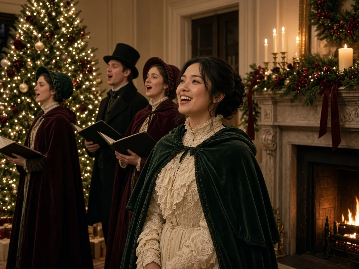 Carolers in formal coats singing beside a lit fireplace in a decorated living room