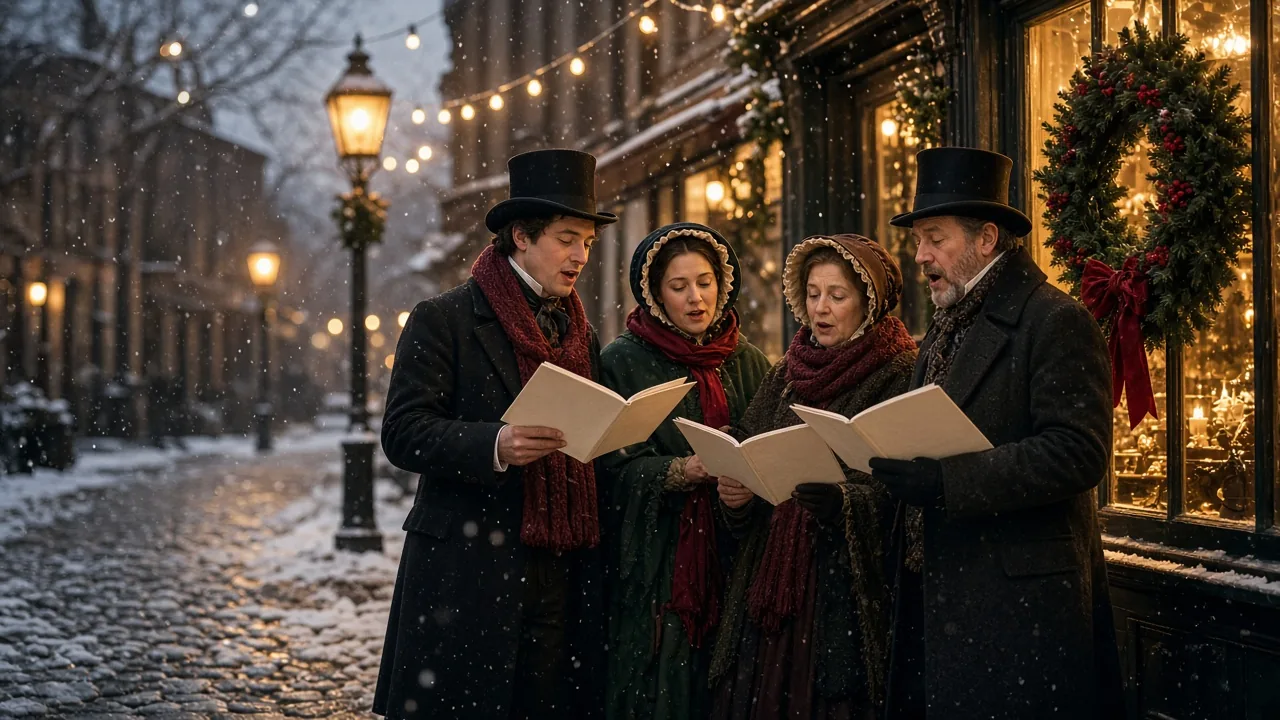 Carolers in Victorian coats and top hats singing on a snowy street at night, with a horse-drawn carriage behind them