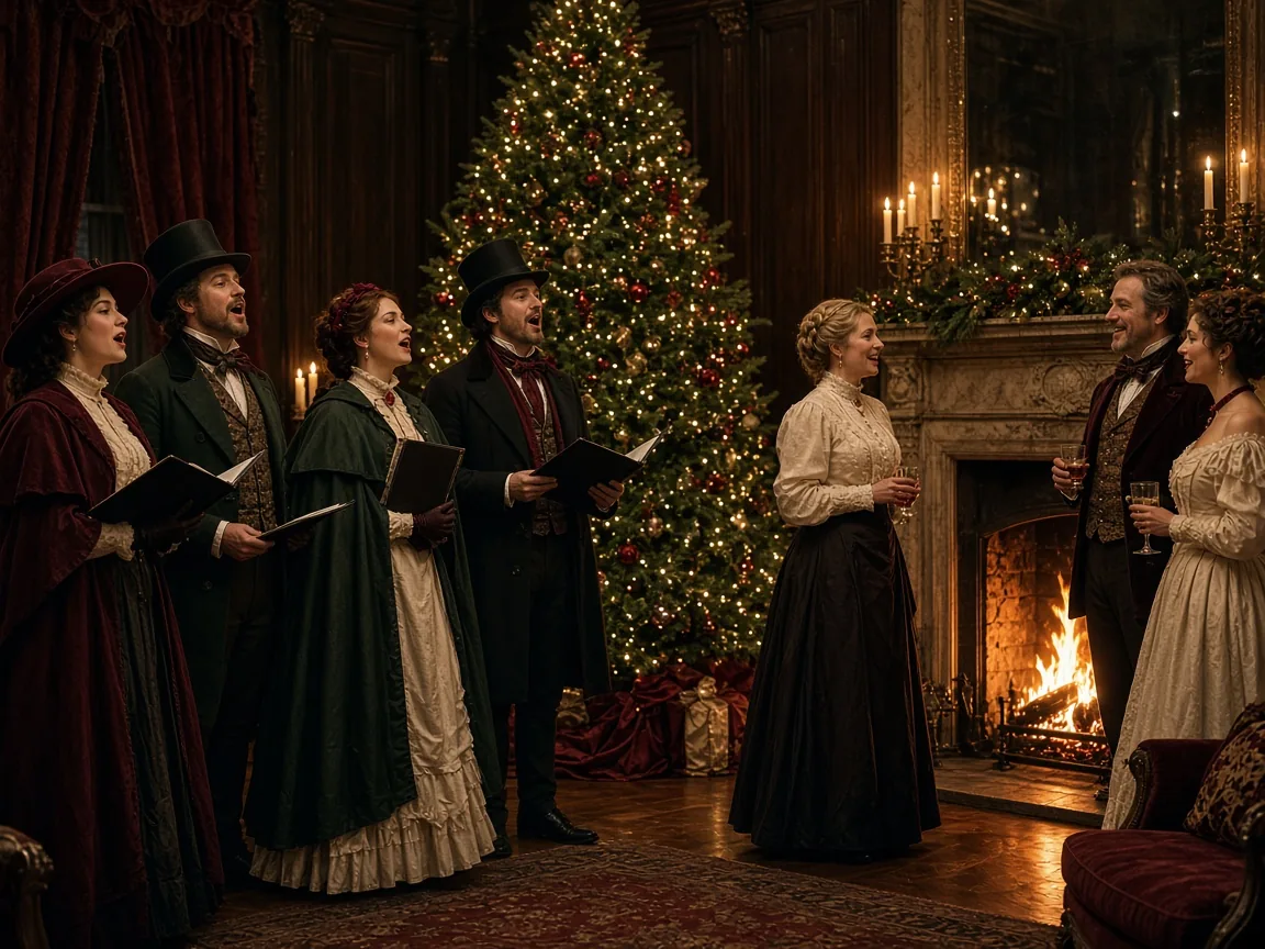Formally dressed people singing around a candlelit table in a decorated dining room
