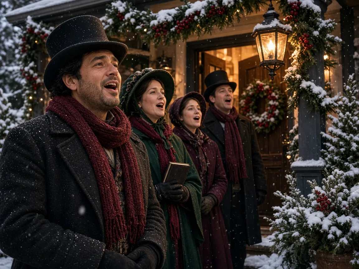 Three carolers in red coats singing on a front porch trimmed with garland