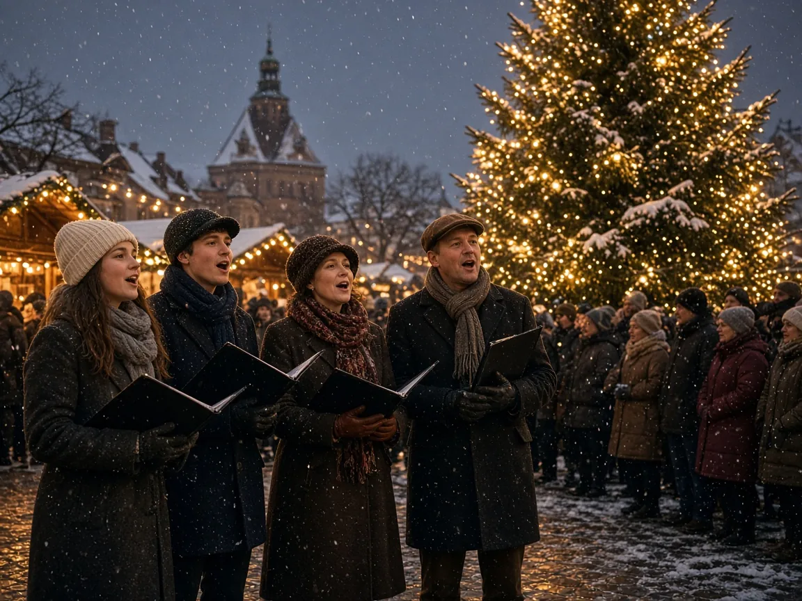 Carolers in dark coats and top hats singing in a snowy town square beside a lit tree