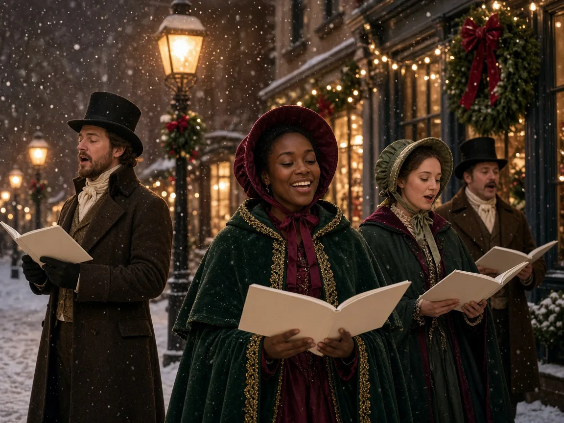 A small group in long coats and bonnets singing along a snowy residential street