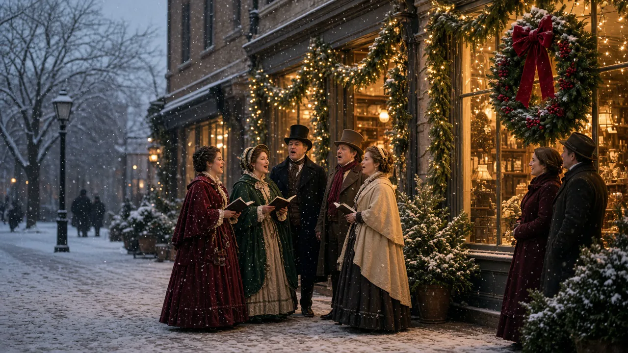 Carolers in long coats and top hats singing on a snowy street at night