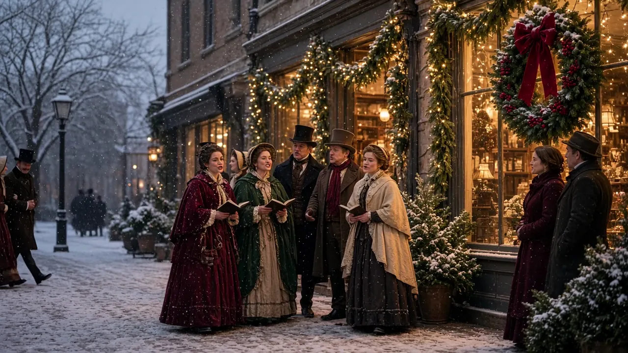 Carolers in long coats and hats singing on a snowy street at night, with warm windows behind them