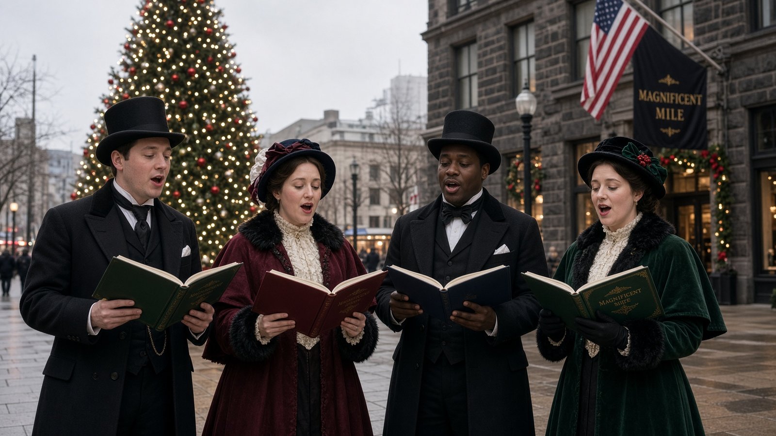 Chicago Christmas carolers performing in festive Victorian attire