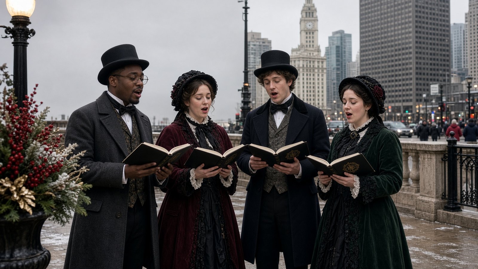 Professional Christmas carolers entertaining guests in Chicago