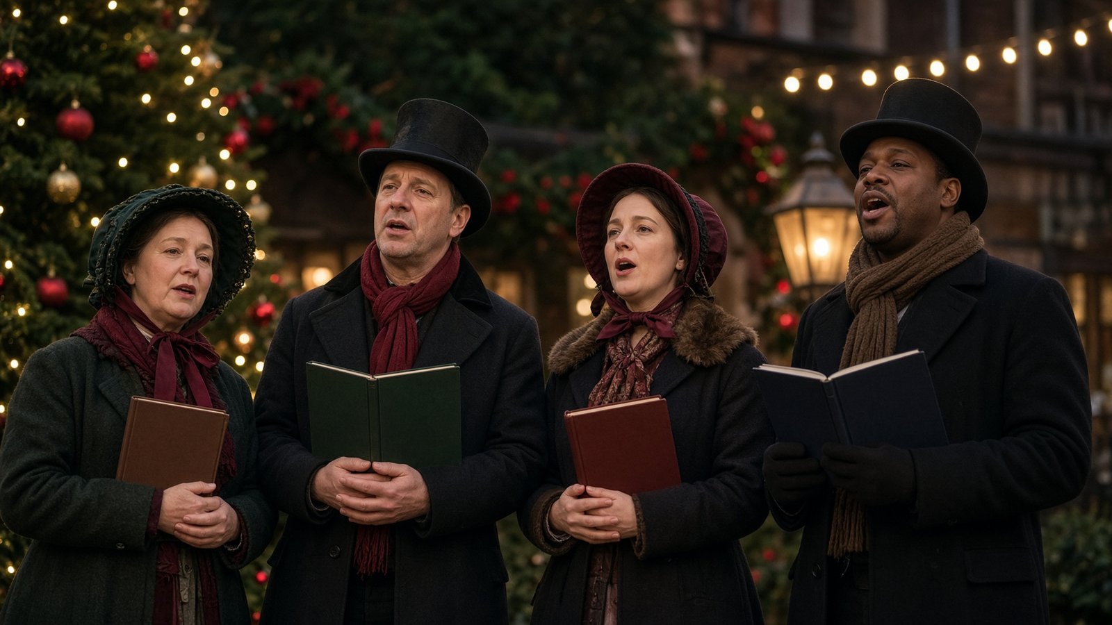 Four professional holiday carolers performing outdoors beside Christmas decorations