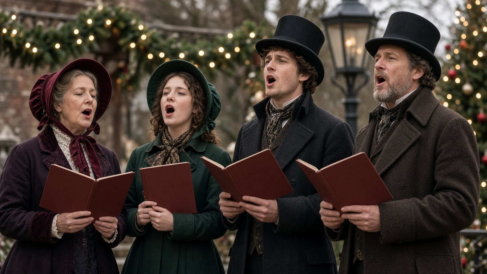 Professional Victorian-style Christmas carolers performing beneath holiday lights