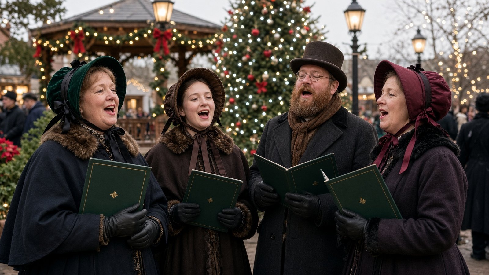 Holiday vocal quartet in festive traditional costumes at a decorated venue