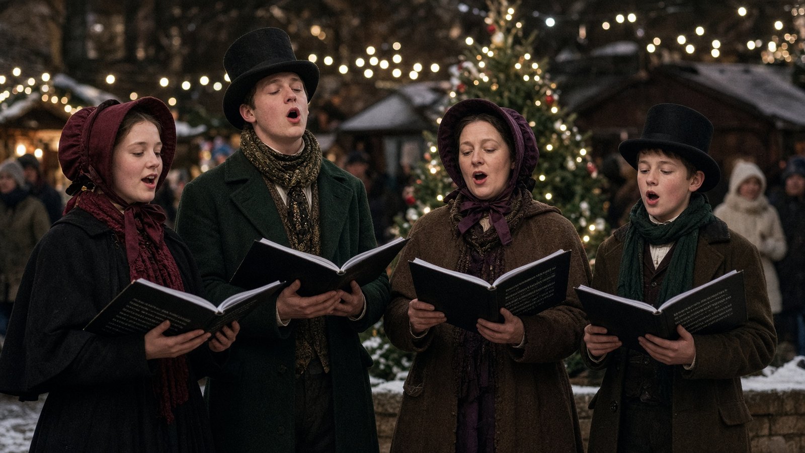 Professional Christmas vocal group wearing traditional holiday performance attire
