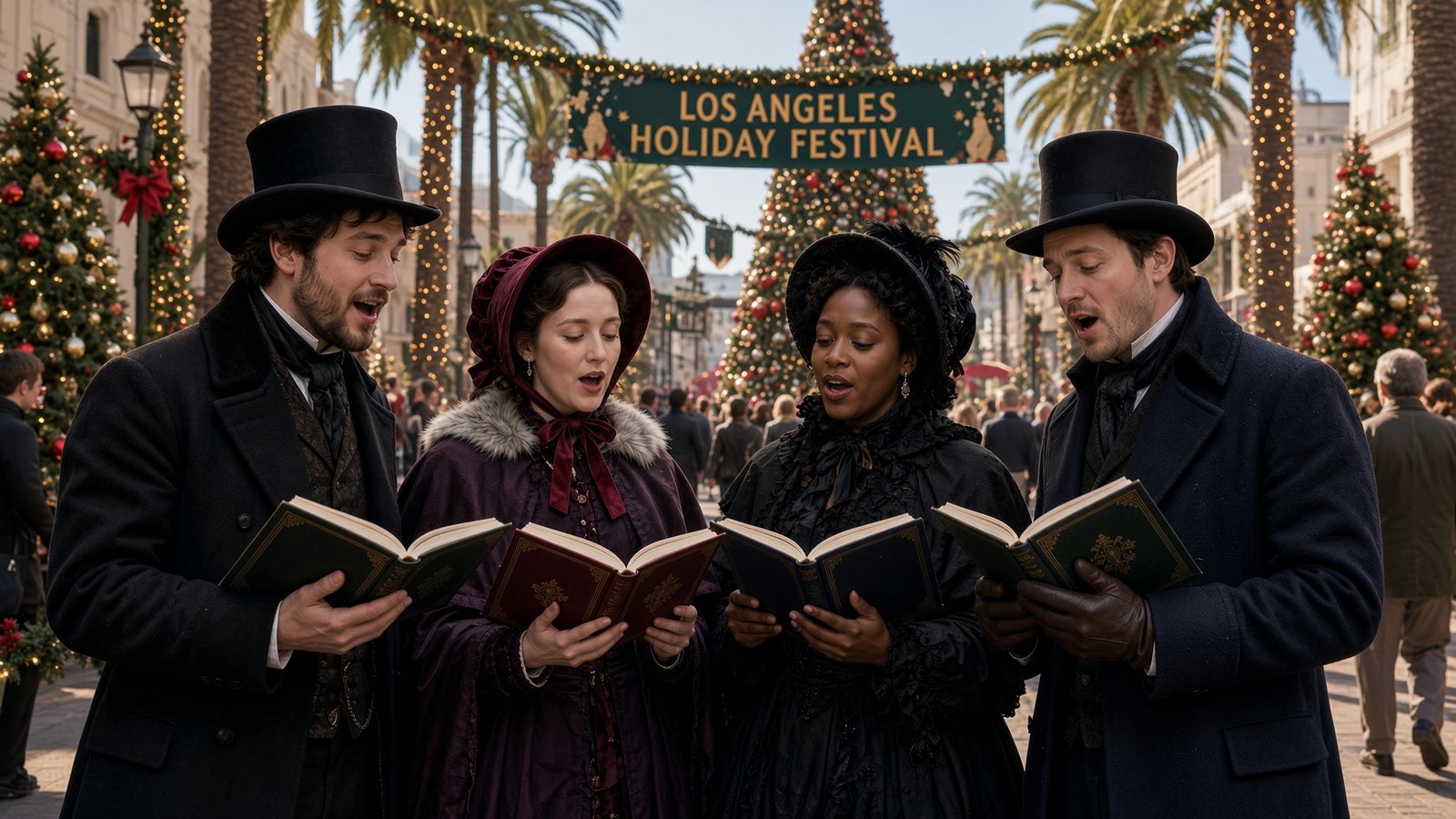 Los Angeles Christmas carolers performing in festive Victorian attire