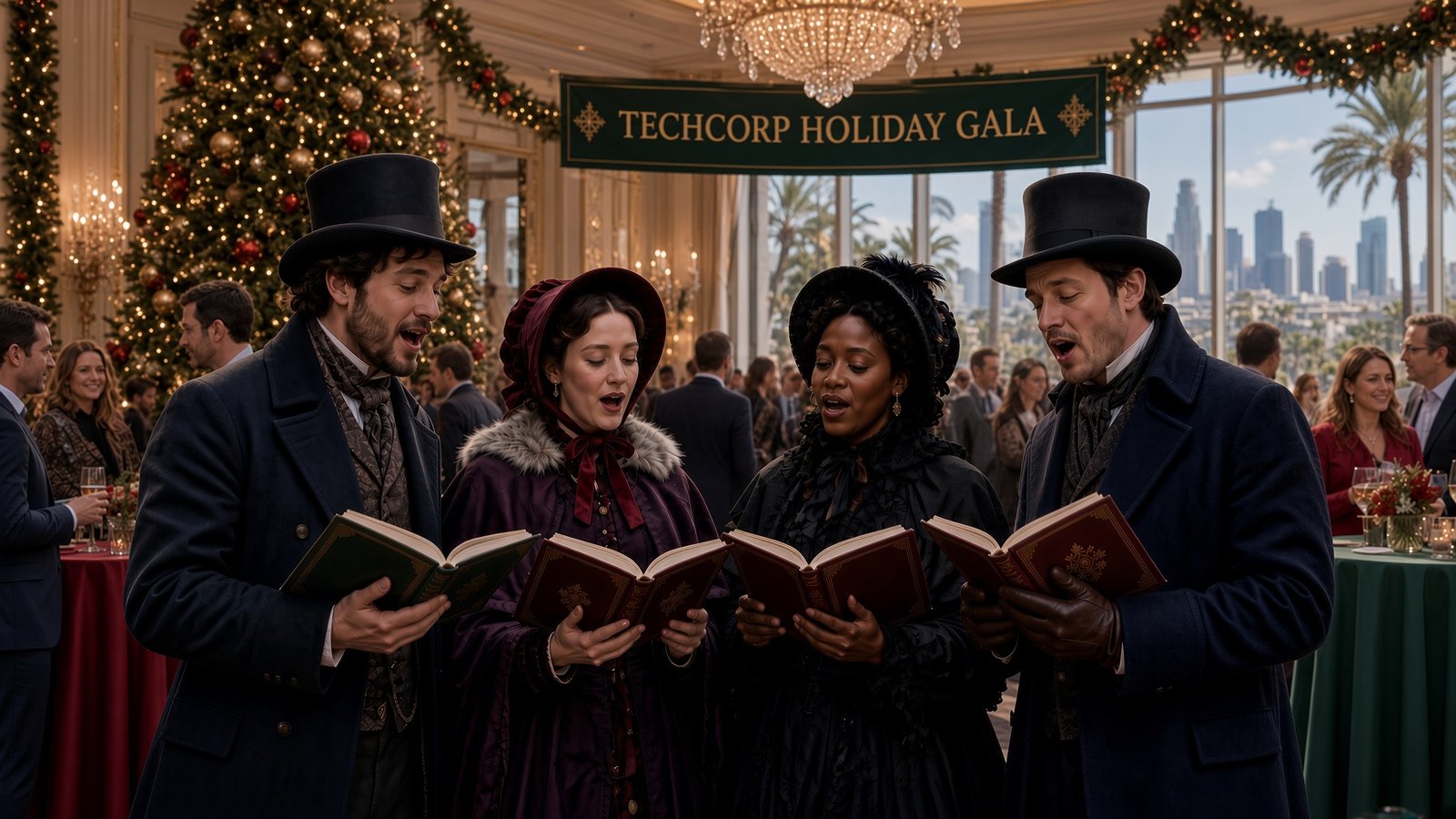 Professional Christmas carolers entertaining guests in Los Angeles