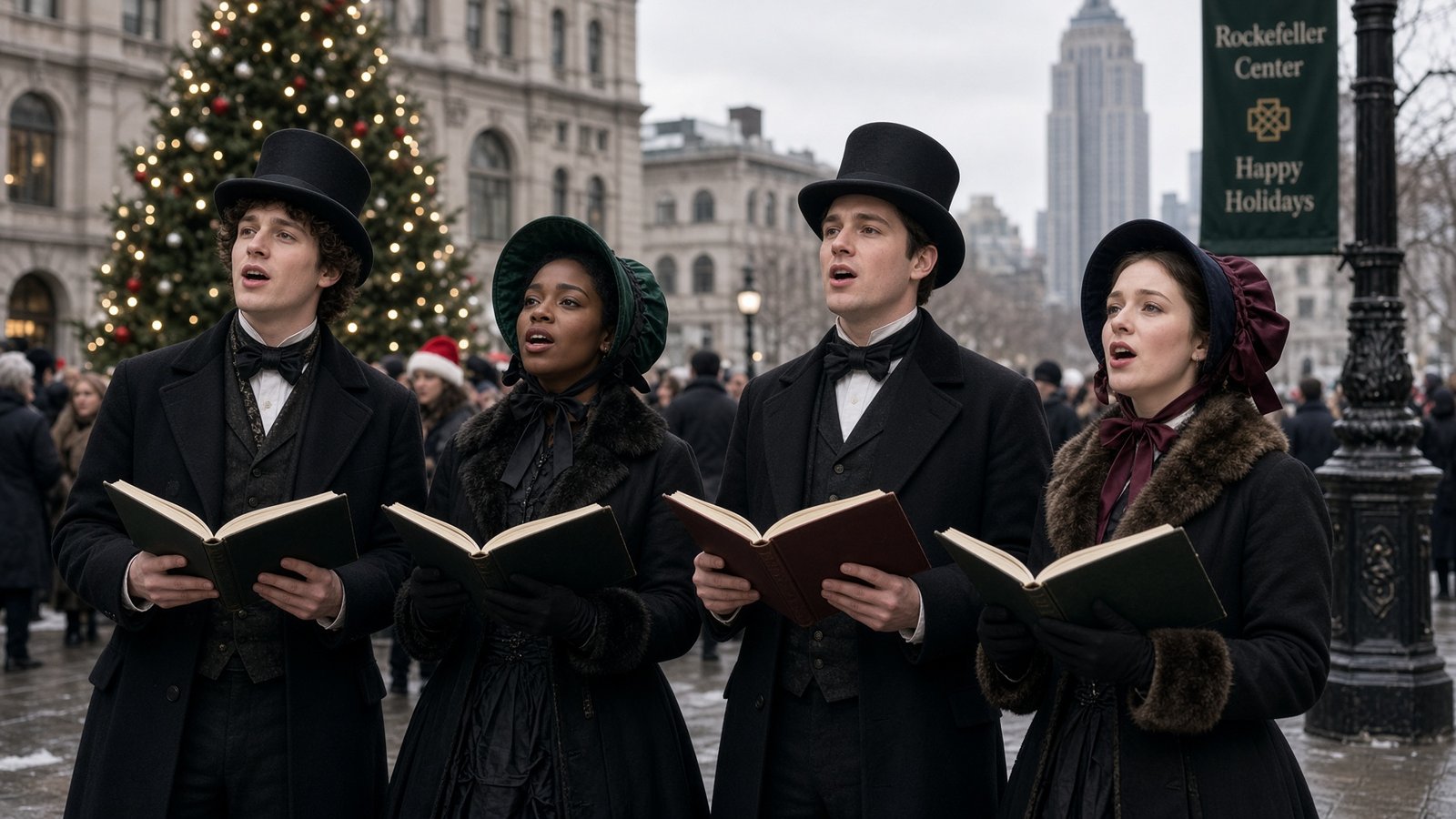 New York City Christmas carolers performing in festive Victorian attire