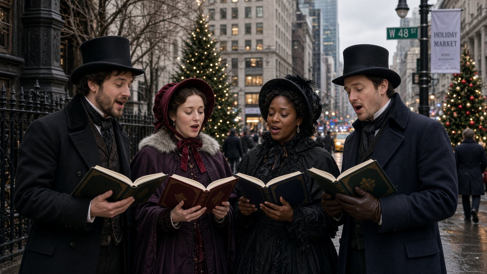 Professional Christmas carolers entertaining guests in New York City